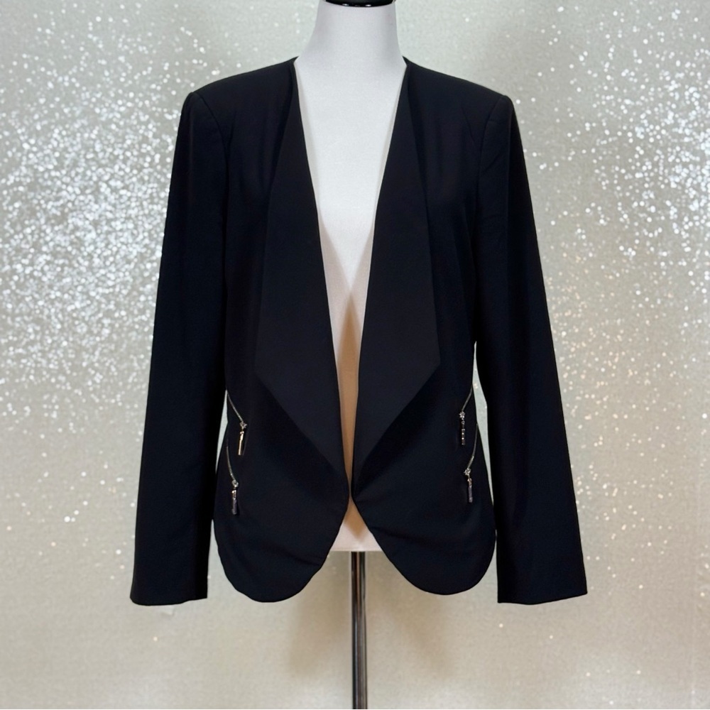 Vince Camuto Black Open Front Blazer Jacket Zip Pocket Career Work Office Womens - Picture 4 of 13